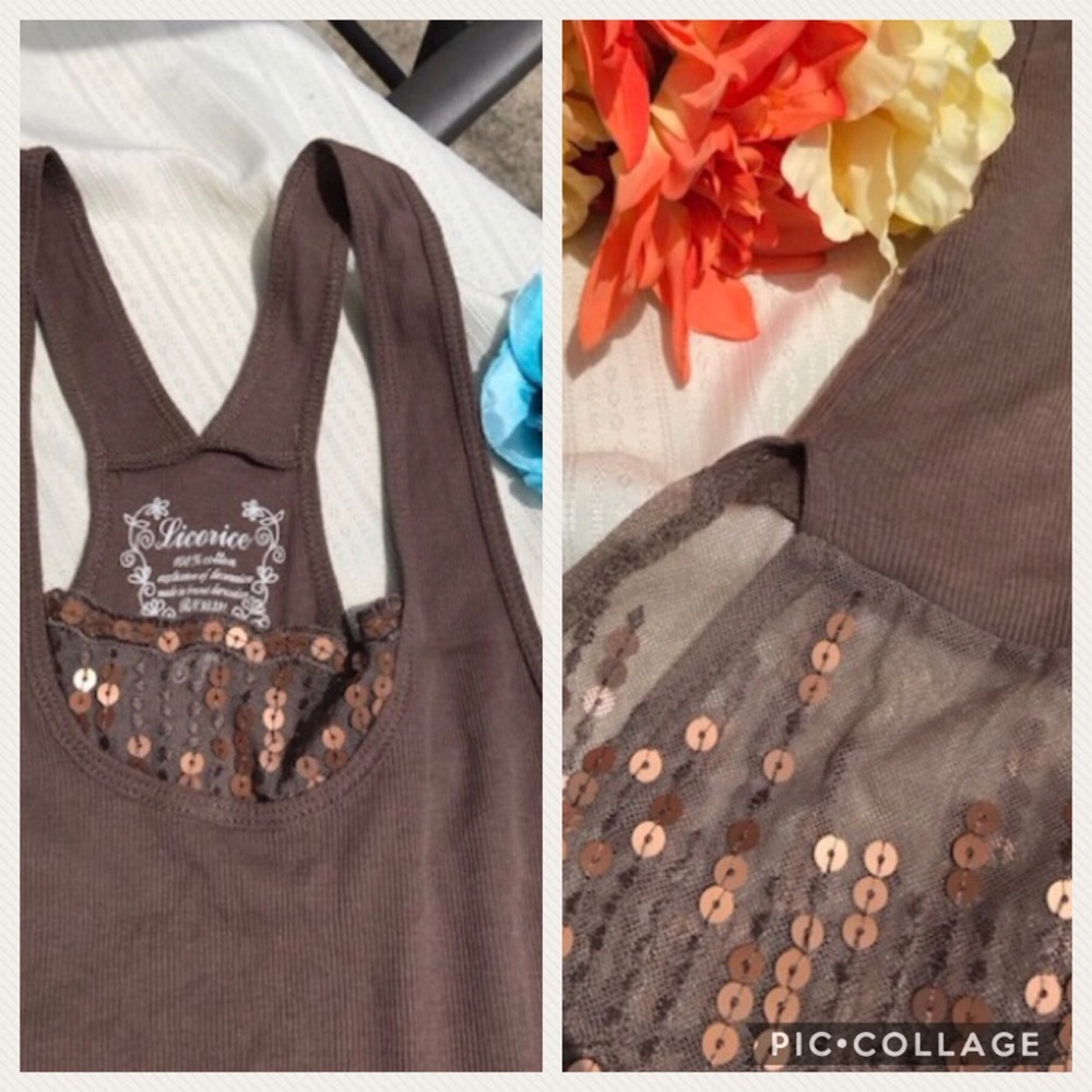 Embellished tank top brown tan Sequin tank top, small, light brown bronze sequin - Picture 8 of 8